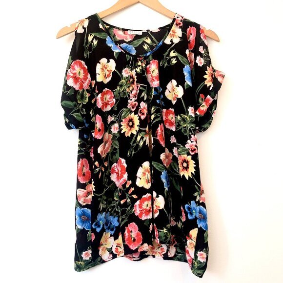 SPENSE Black Red Green Multi Floral Short Sleeve Cold Shoulder Blouse Top Small - Picture 1 of 8